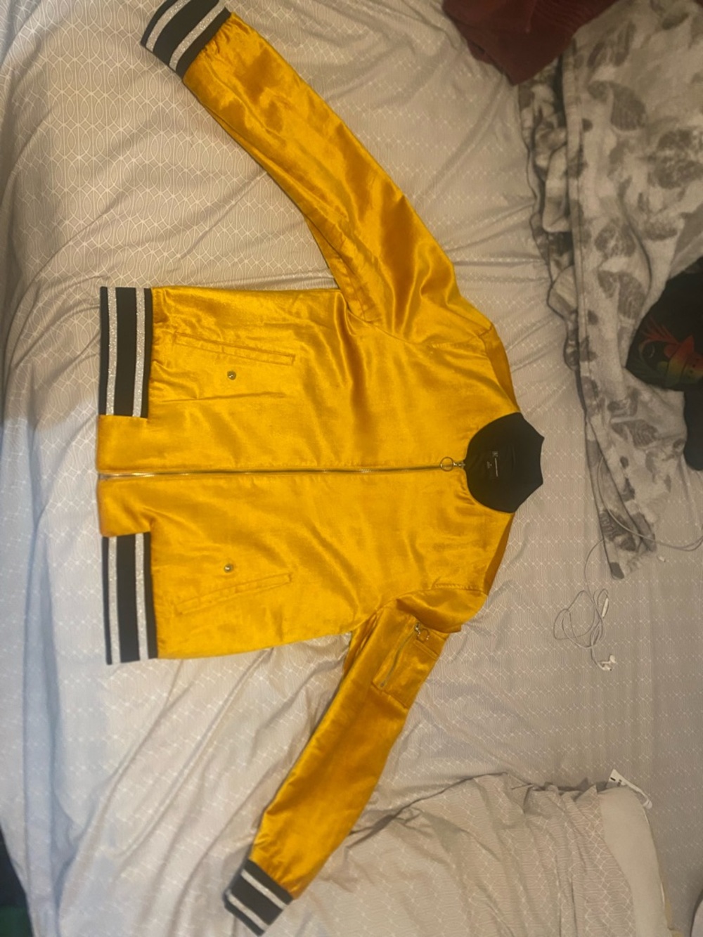 INC International Concepts Yellow Satin Bomber Jacket with Striped Trim